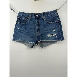 Levis 501 Jean Shorts Womens 32 Button Fly High Rise Denim‎ Cut Off Blue Dark